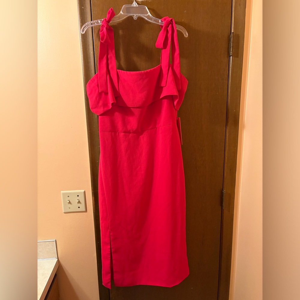 NWT ML Monique Lhuillier red tie sleeve sheath midi dress